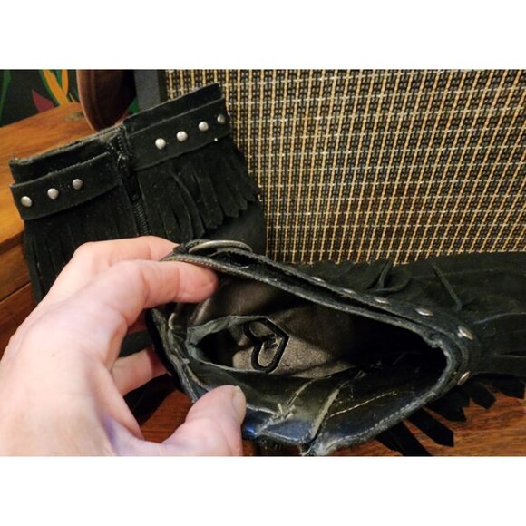 Madeline Women's Black Suede Fringe Ankle Boots With Studded Buckle & 3" Heels - Picture 16 of 16